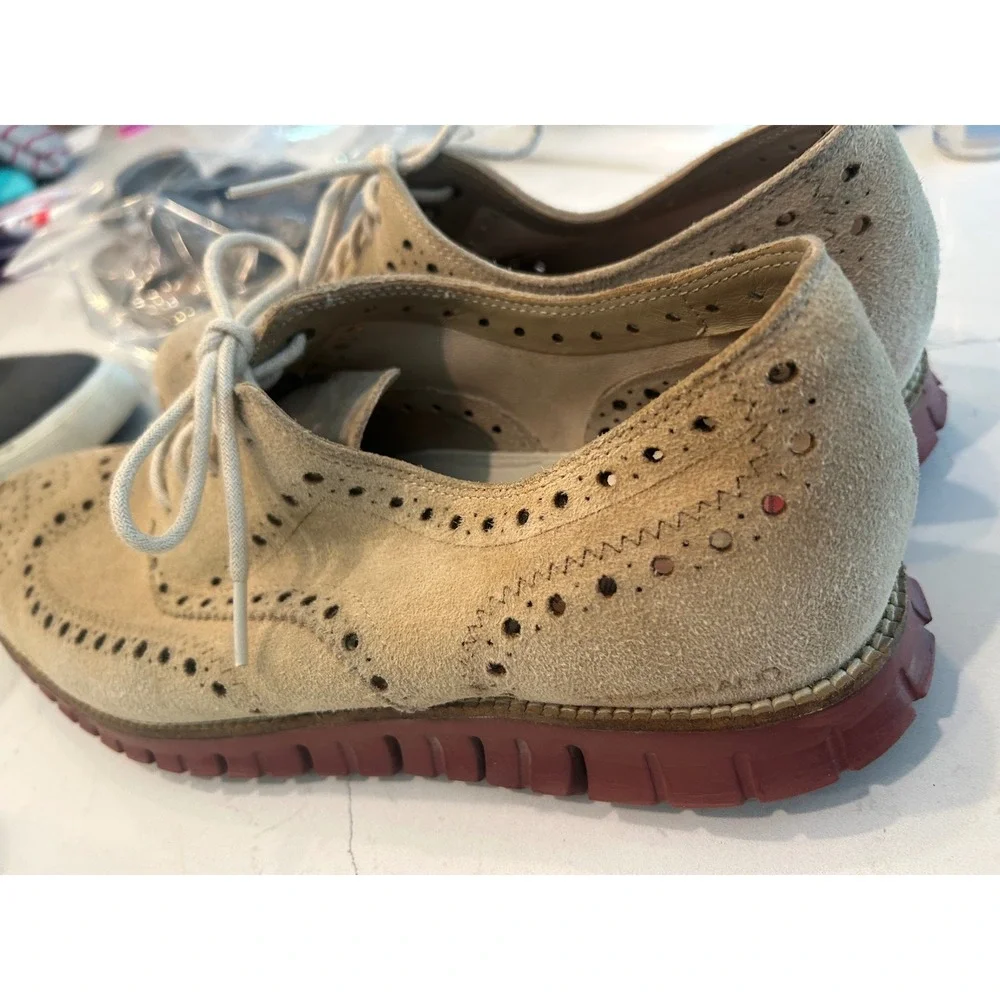 Cole‎ Haan Zerogrand Wingtip Oxfords Tan Suede Brogue Brick Red Sole Mens Shoes